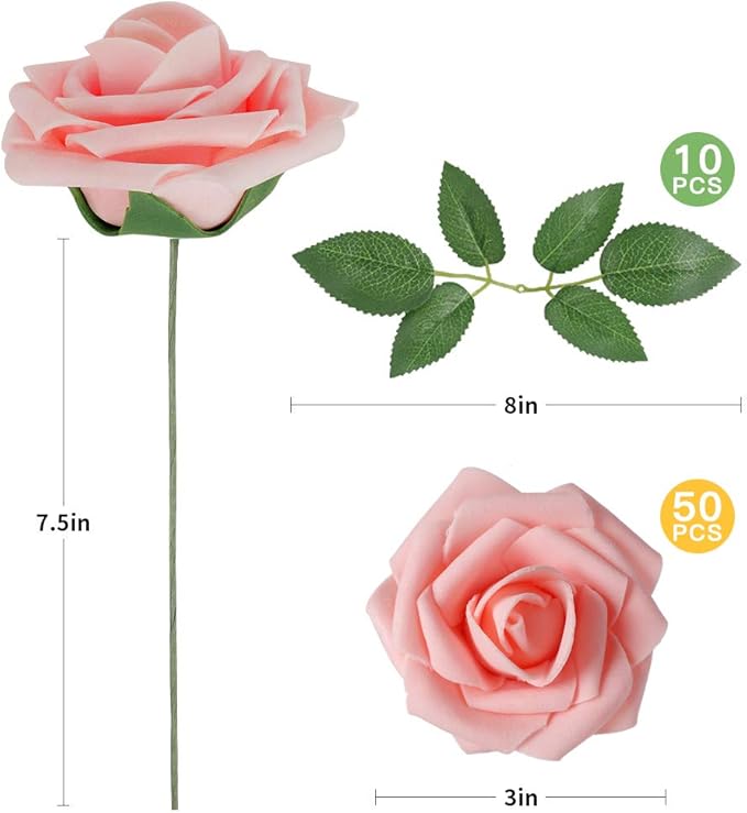 AmyHomie Artificial Flower 50pcs Real Looking Fake Roses w/Stem for DIY Wedding Bouquets Centerpieces Arrangements Party Baby Shower Home Decorations
