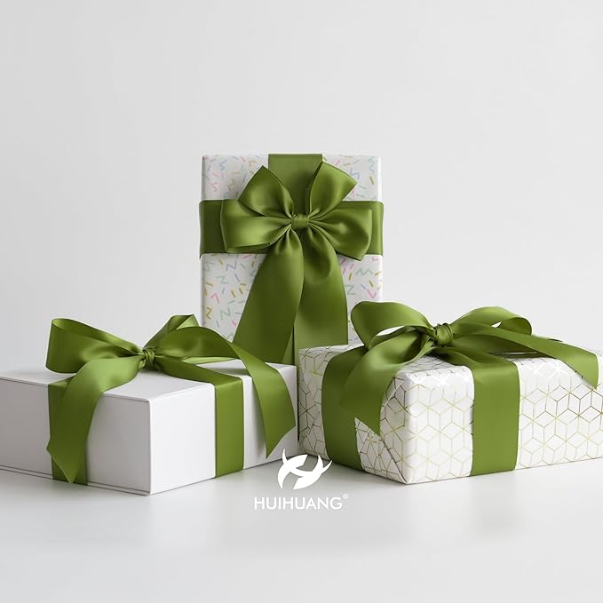 HUIHUANG Olive Green Ribbon 2 inch Wide Double Faced Satin Ribbon Green Ribbon for Gift Wrapping, Bows Making, Flower Bouquet, DIY Crafts, Bridal Shower, Holiday Party Decor -25 Yards/Roll