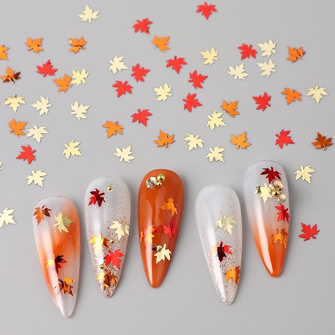 Thanksgiving Glitters Nails Sequins Fall Nail Glitter Sequins Autumn Maple Leaf Flakes Design Nails Charms Holographic Mixed Color 3D Confetti Nails Glitter for Women