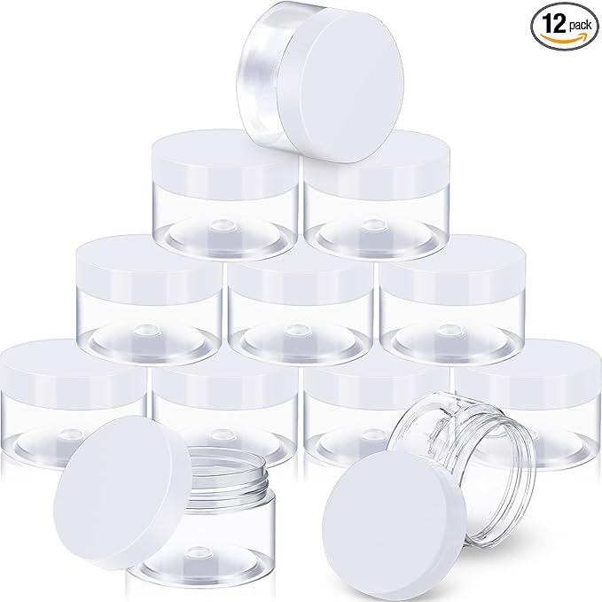 SATINIOR 12 Pack 32 oz Plastic Container Jars with Lids Round Clear Travel Cosmetic Container Slime Jars for Toiletries, Lotion, Cream, Ointments, Makeup, Rhinestone, Samples, Kitchen Storage(White)