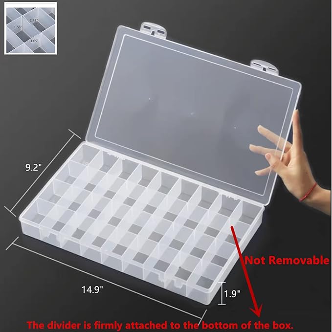 3PCS 36 Grids Large Plastic Organizer Box with Dividers, Compartment Organizer Box for Nail Accessories/Screw/Sewing Arts and Oil Paint, Bead Storage Containers 14.9 Inch x 9.2 Inch x 1.9 Inch (Clear)