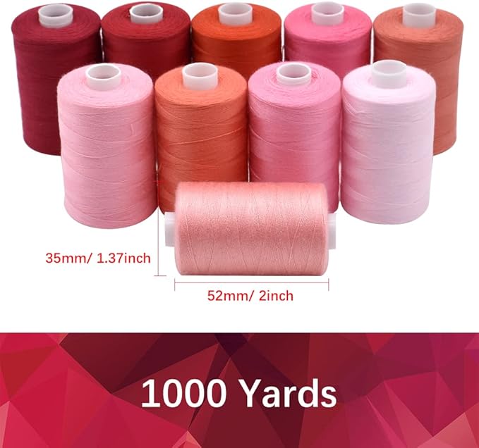 Sewing Thread 10 Color Sewing Industrial Purpose 1000 Yards Per Spool 40S/2 Polyester for DIY Sewing Machine,Embroidery Machine,Hand Sewing (Red)