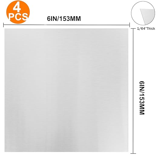 4Pcs 304 Stainless Steel Sheets Metal 6" x 6" x 1/64" (0.02") Inch 304 Stainless Steel Plates 0.50MM Stainless Steel Shim Stock Plates Metal Sheets for Crafting, DIY, Stovetop, Snow Frosted Surface