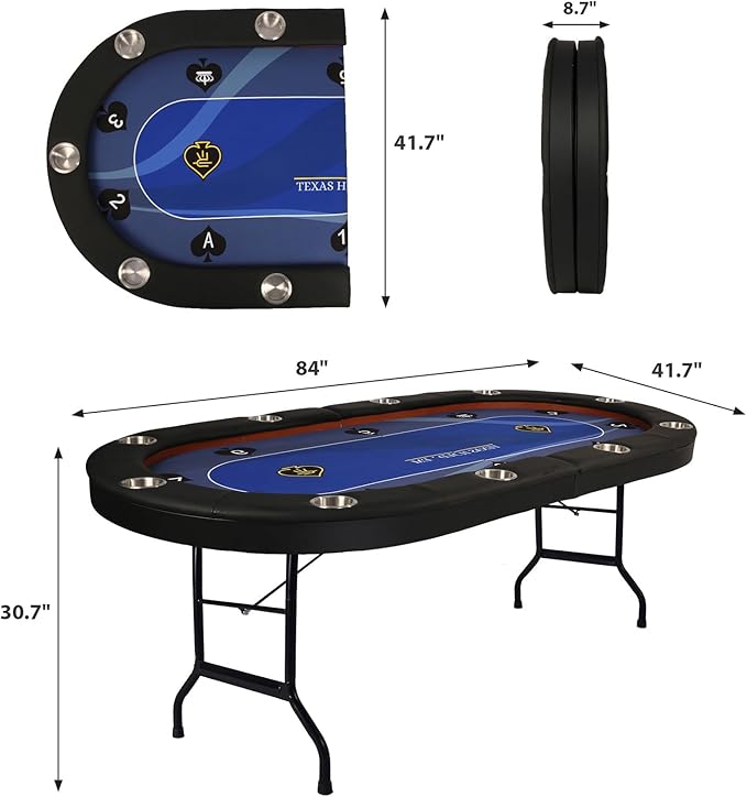 Upgrade Foldable Poker Table for 10 Players - Texas Holdem & Blackjack Board Game Table - Large Casino Table with 10 Stainless Steel Cup Holders & Padded Rails - Perfect for Texas Casino Leisure Game