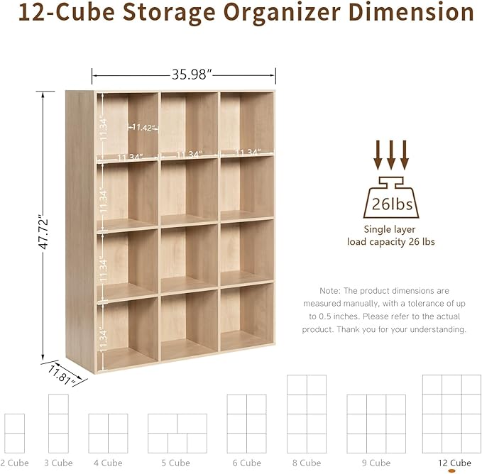 Wooden 12-Cube Storage Organizer with Closed Back Panel, 11in Cube Shelf Opening, Bookshelf, Display Shelf,Closet Cabinet for Home and Office,White Oak