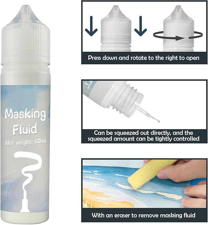 White Masking Fluid for Watercolor Painting 60ml, Resistant Ink and Pouring Paint, Watercolor Masking Fluid Keeps Areas Colorless and Edges Sharp