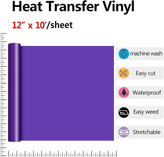 RENLITONG Purple HTV Iron on Vinyl 12Inch by 10ft Roll Heat Transfer Vinyl for T-Shirt HTV Rolls for All Cutter Machine - Easy to Cut & Weed for Heat Transfer Design