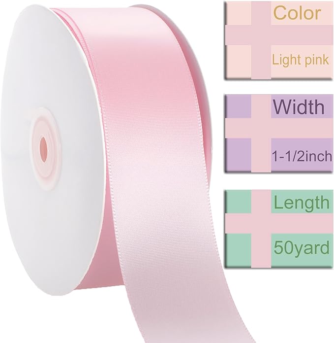 1-1/2 Inch Light Pink Ribbon, 50 Yards Craft Polyester Satin Ribbon Perfect for Gift Wrapping, Handmade Roses, Wedding Party Decorations and DIY Crafts