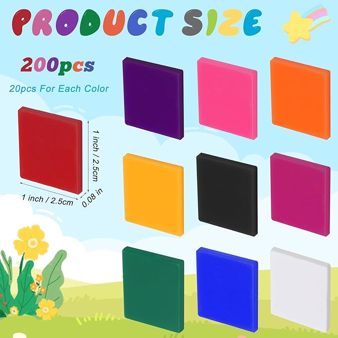 Coopay 200 Pcs Plastic Square Color Tiles, Bingo Chips, Poker Chips, Color Sorting, Math Counters, Game Tokens, Counting Manipulatives for Kids Elementary School Classroom Learning Development Toys
