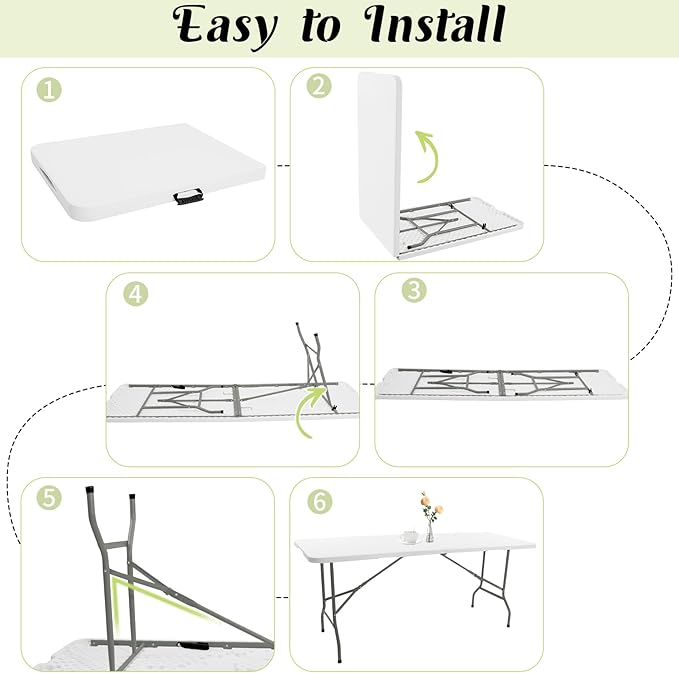 8 FT Folding Tables White Foldable Table, Fold-in-Half with Carrying Handle Portable Plastic Rectangular Table for Party, Dining, Wedding, Camping, Picnic, Indoor Outdoor Events