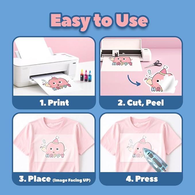TranSmile PU-Heat Transfer Paper for T Shirts (20 Sheets, 8.5x11'', Light), Iron on Transfers for Light Fabric, Printable Heat Transfer Vinyl for Inkjet Printer