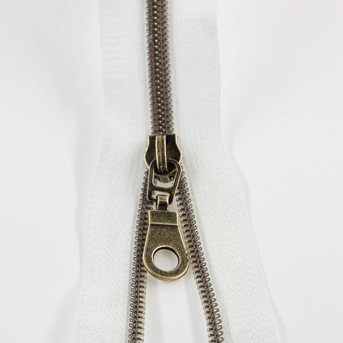 Leekayer #5 Antique Brass Metallic Nylon Coil Zippers by The Yard Bulk 10 Yards White Tape with 25pcs Antique Brass Sliders for DIY Sewing Tailor Craft Bag(White)
