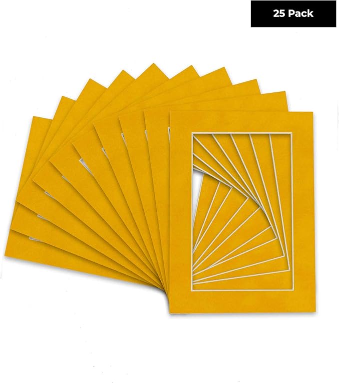 Pack of 25 Acid Free 11x14 Mats Bevel Cut for 8.5x11 Photos - Bright Yellow Precut Matboards With Backing Boards and Clear Photo Mat Bags For Pictures, Photos, Framing - 4-ply Thickness