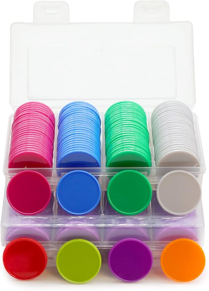 Set of 100 Opaque Plastic Learning Counters Mini Poker Chips Game Tokens with Storage Box (Red+Yellow+RoyalBlue+Green, 1 Inch)