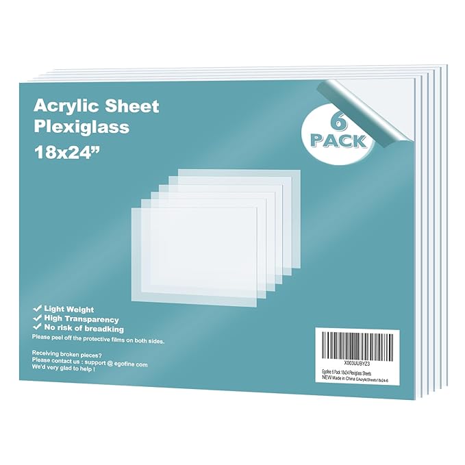 Egofine Plexiglass Sheets Acrylic Sheets 6 Pack of 18x24’’ 0.04 Thick Clear Plastic Cast Transparent Plexi Glass for Crafting Projects, Replacement Picture Frame Glass, DIY Display, Easy to Cut