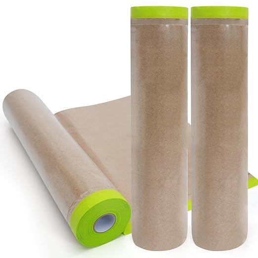 ADHES Pre-Taped Masking Paper for Painting, 3 Rolls 24 Inch x 50 Feet Tape and Drape Painters Paper Roll with Masking Tape, Automotive Paint Masking Paper for Cars, Walls, Floors, Furniture Protection