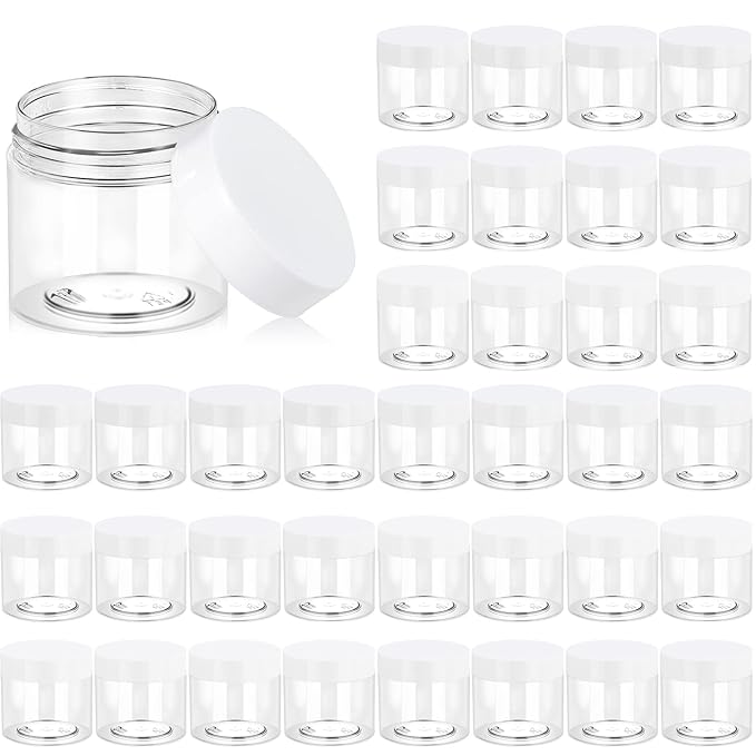 Eternal Moment 36 Pack 2 OZ Plastic Jars Round Clear Cosmetic Container Jars with White Lids, Perfect for Lotion, Slime，Cream, Ointments, Makeup, Eye Shadow, Samples, Pot, Travel Storage
