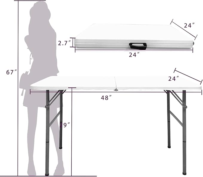 4 FT Folding Table, Plastic Portable Tables for Dining Parties Card Picnic Camping, Granite White