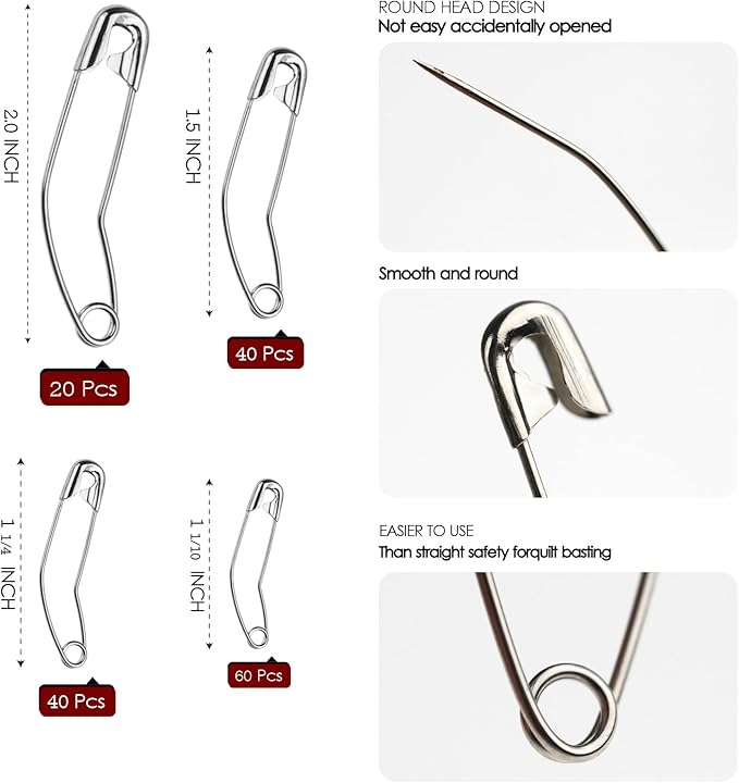 160 Pack Curved Safety Pins for Quilting Basting Pins 28mm 32mm 38mm 54mm Assorted Sizes Quilting Safety Pins Stainless Steel Quilting Pins