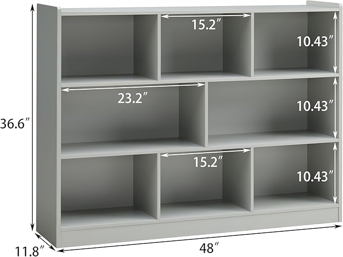 3-Tier Bookshelf, 8-Section Wooden Bookcase, Storage Organizer with Anti-Tilt Device, Modern Storage Display Cabinet for Living Room, Classroom, Kid’s Room (Grey)
