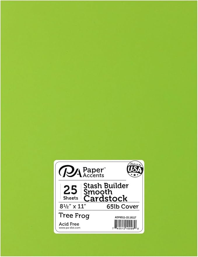 PA Paper Accents Stash Builder Cardstock 8.5" x 11" Tree Frog, 65lb Colored cardstock Paper for Card Making, Scrapbooking, Printing, Quilling and Crafts, 25 Piece Pack