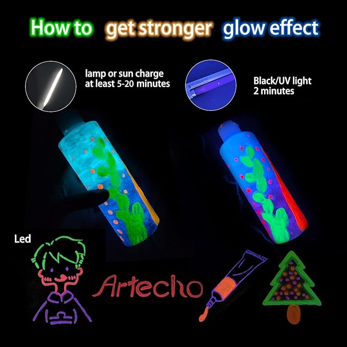 Artecho Glow in the Dark Paint, Neon Green Paint (120ml / 4.05oz) Tubes, Art Craft Paints for Canvas, Rock, Stone, Wood, Fabric, Art Supplies