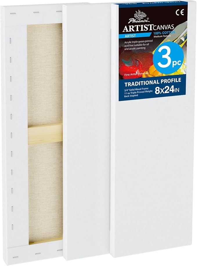 PHOENIX 8x24 Inch 3 Pack Artist Canvas - Long Skinny Stretched Canvases for Painting - 3/4 Inch Profile, 100% Cotton 11 Oz. Gesso Primed White Blank Professional Canvas Oil & Acrylic Paints