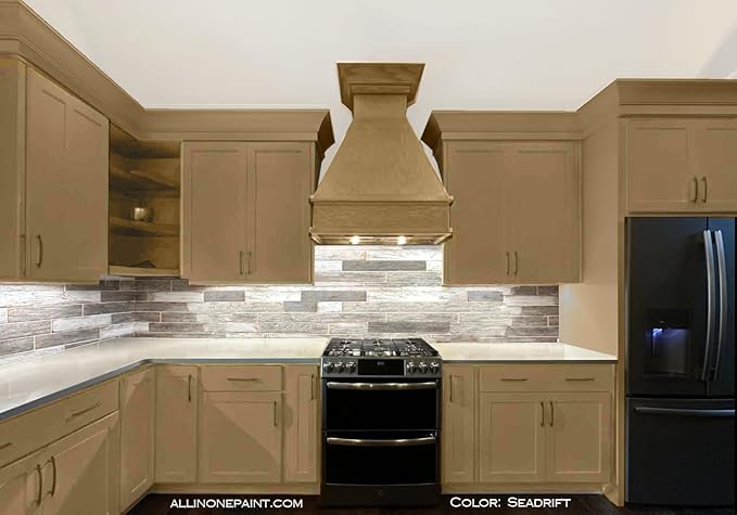 ALL-IN-ONE Paint, Durable cabinet and furniture paint. Built in primer and top coat, no sanding needed. Includes our 30 featured color card - Seadrift (warm, earthy tan), Gallon