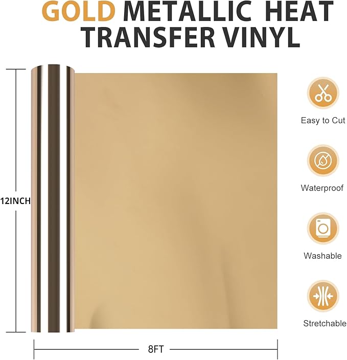 HTVRONT Metallic Gold HTV Vinyl Roll - 12" x 8ft Gold Heat Transfer Vinyl for T Shirts, Gold Iron on Vinyl for All Cutting Machine - Easy to Use for Heat Transfer Project (Metallic Gold)