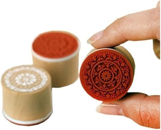 DECORA 6 Pieces Floral Pattern Round Wooden Rubber Stamp for Scrapbooking