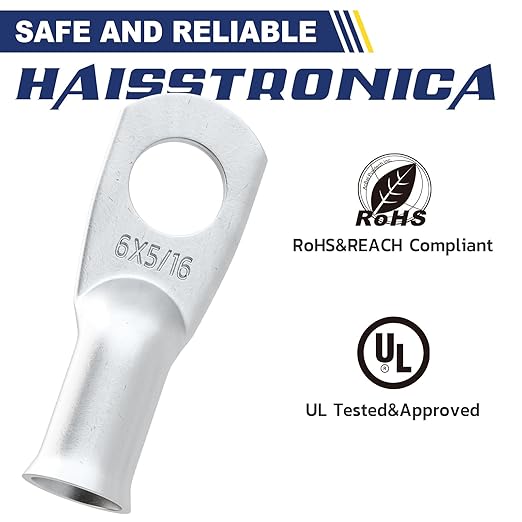 haisstronica 10pcs 6 AWG - 5/16" (M8) Tinned Copper Battery Lugs, Heavy Duty Copper Wire Lugs with 10pcs 3:1 Adhesive Heat Shrink Tubing, 6 Gauge Wire Lugs, Tinned Copper Battery Cable Ends