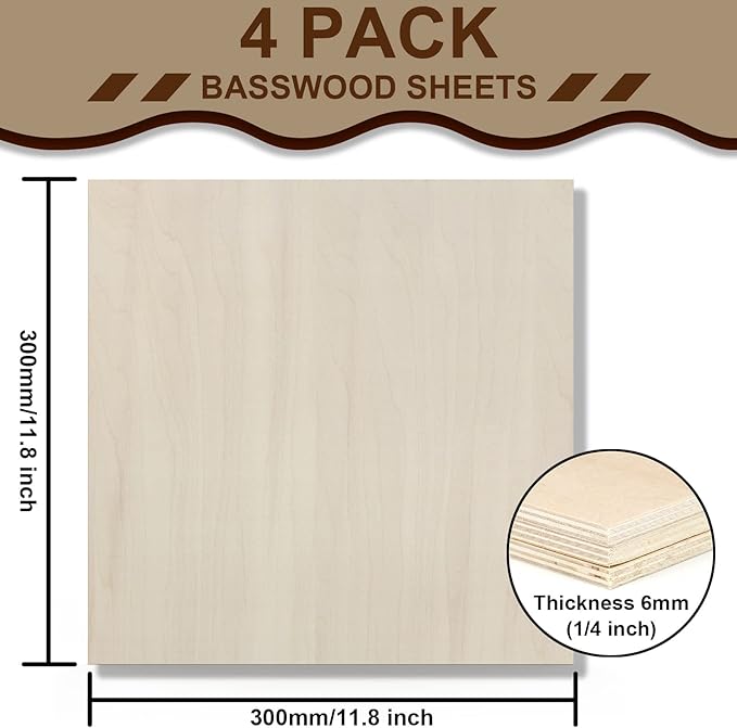 Basswood Sheets 12 Pack 12×12 x 1/4 Inch Unfinished Plywood Sheets Thin Craft Wood Board Laser Engraving Blanks Balsa Wood Sheet for Laser Cutting and Engraving, Wood Burning, Architectural Models