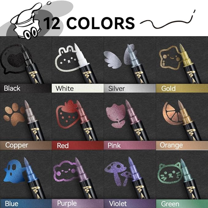 TRANSON 12Colors Metallic Paint Markers Bold and Brush Dual-tip for Rock Wood Ceramic Canvas DIY Painting Drawing