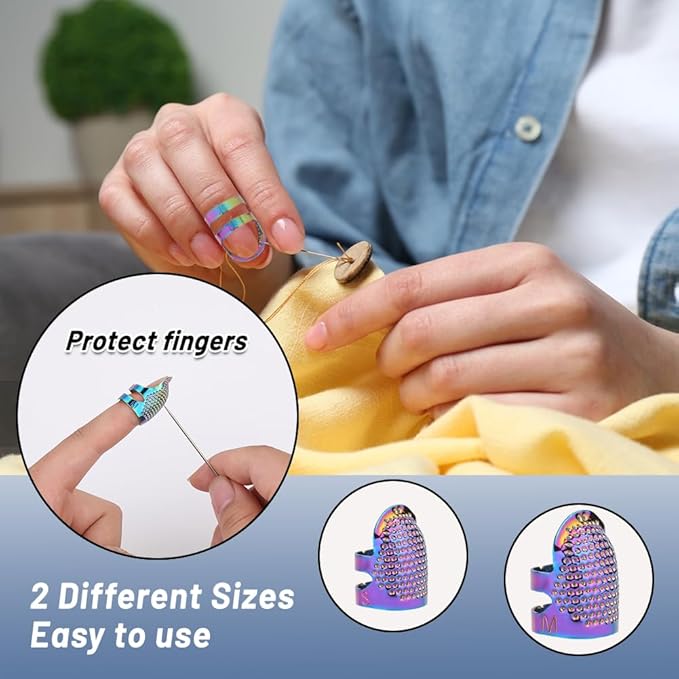 8 Pcs Sewing Thimbles, Sewing Thimble Finger Protector, Fingertip Thimble Metal Dazzle Color Adjustable Metal Sewing Thimble Rings, Sewing Quilting Craft Accessories DIY Sewing Tools (2 Sizes, S/M)
