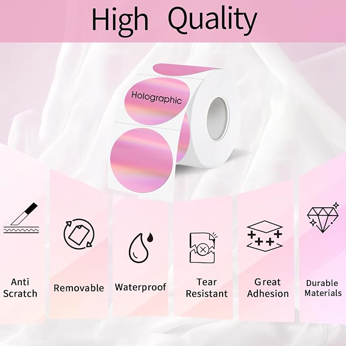 Holographic Thermal Labels Stickers 1.5 inch, Glitter Round Direct Thermal Stickers Label, Perforation Line Design- 350 Sheets/Pink