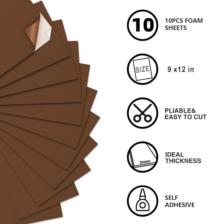 MEARCOOH Self Adhesive Foam Sheets, Brown 9x12 Inch 2mm Sticky Eva Foam Paper for Crafts Cardmaking Photo Frames Classroom Scrapbooking Christmas Crafts (Brown 10 Sheets)