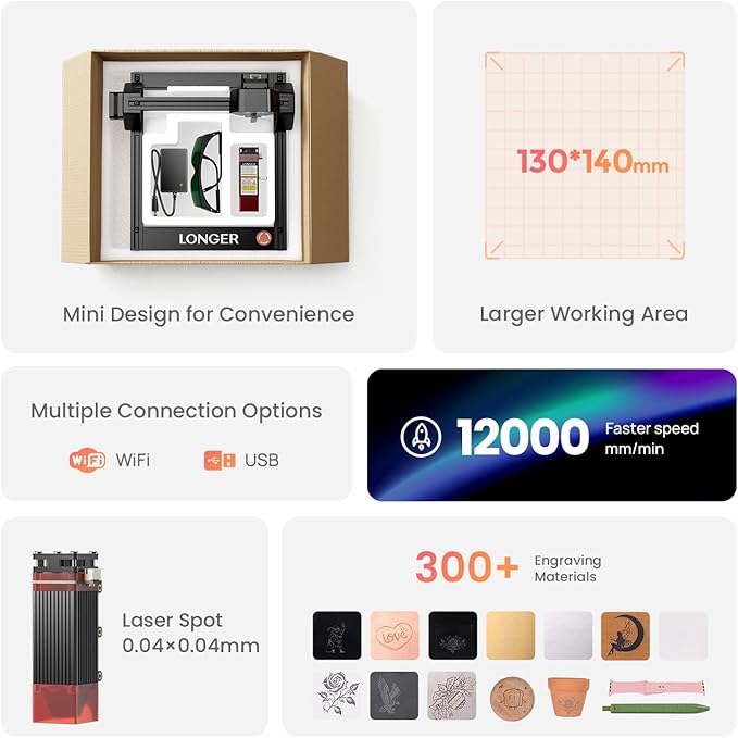 LONGER Ray5 mini Laser Engraver, 12000mm/min High-Speed Cutter for Wood, Metal, Acrylic, Leather, DIY CNC, 130x130mm Engraving Area, WiFi, Emergency Stop Safety (5.5W) Diameters