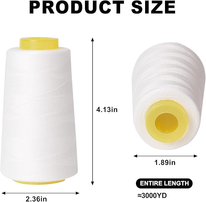 Sewing Thread Cone Set, 2 Pack Serger Thread, 3000 Yards Each, All Purpose Thread for Sewing, Quilting, Machines, Overlock, Merrow & Hand Embroidery (White*2)