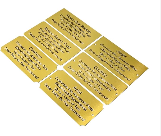 Personalized, Custom Brushed Gold Solid Brass Plate - Sizes 1x3, 1x4, 2x4, 2x6, 2x8, 3x6 - Picture Frame Name Label Art Tag for Frames, with Adhesive Backing - Indoor use only - 10 Tags