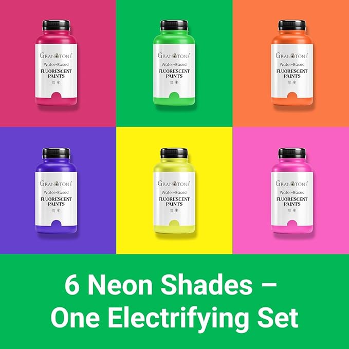 GRANOTONE Neon Fluorescent Acrylic Paint Set - 6 Colors, 4 oz Each | Glows in Black Light | Non-Toxic & Vibrant Paint | Ideal for Art, Crafts, Kids, & Hobbyists | Made in India