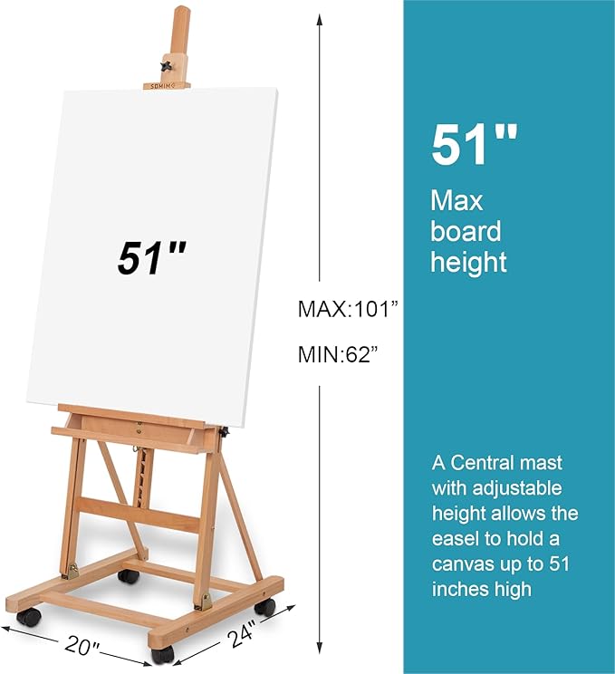 H-Frame Studio Easel, Beechwood Artist Easel with Wheels and Storage Tray, Adjustable Floor Easel Stand Holding Canvas up to 51Inches for Painting, Natural