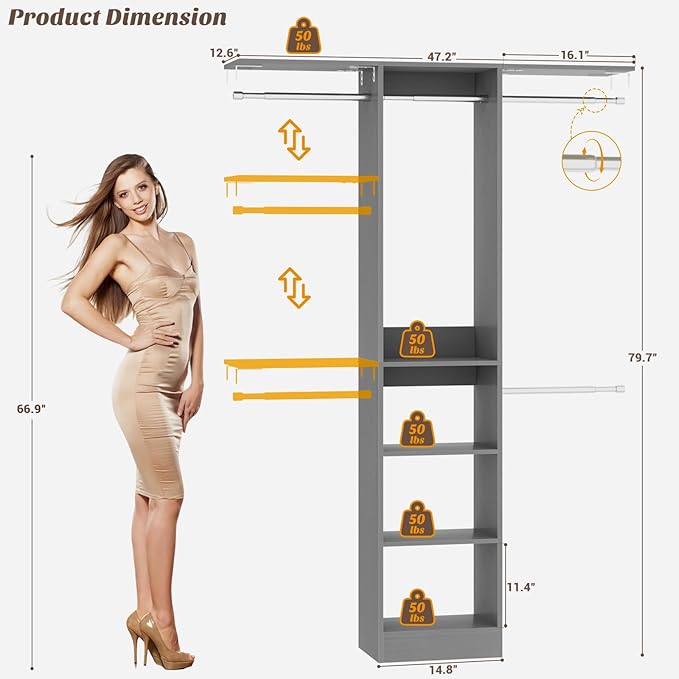 48" Small Closet Organizer, 4FT Small Closet System with 4 Closet Rods & 3 Shelves, 80"H Small Closet Organizers and Storage for Small Bedooms, Cloakrooms, Laundry Rooms, Gray