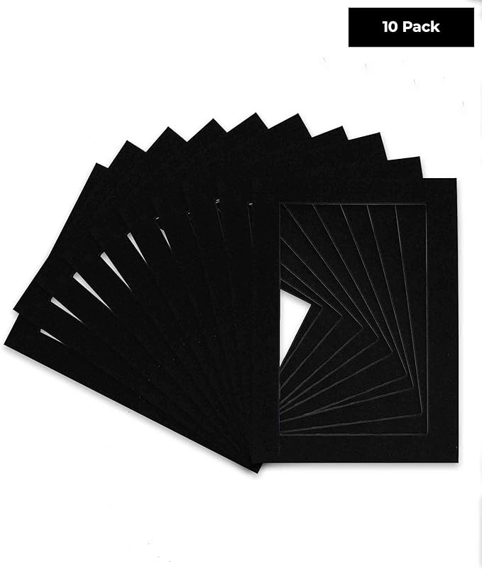 Pack of TEN 8.5x11 Mats Bevel Cut for 7x9 Photos - Acid Free Black with Black Core Precut Matboards For Pictures, Photos, Framing - 4-ply Thickness