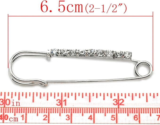 HOUSWEETY 10 Pcs Safety Pins Encrusted with White Rhinestone 6.5x1.8 cm - Personalized Design - Charm for Fashion