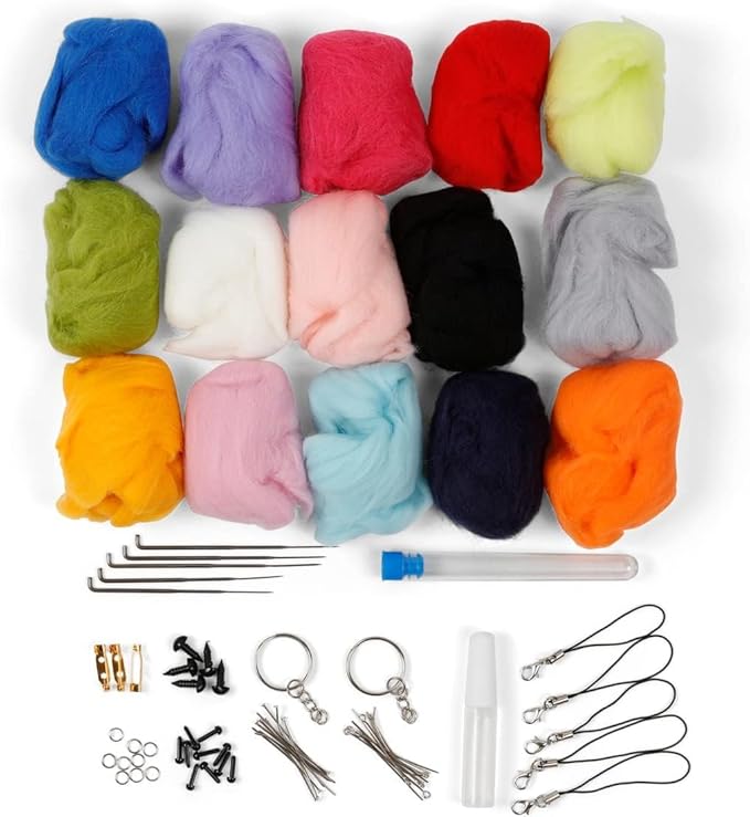 Incraftables Felting Needles Wool Roving Kit - Needle Felting Kit for Beginners, Adults & Kids – Wool Felting Kit with Plastic Eyes, Keychains, Glue & Accessories – 15 Colors