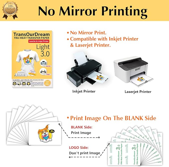 TransOurDream Tru-Heat Transfer Paper for Inkjet & Laserjet Printer (100 Sheets 8.5x11", 3.0) Printable HTV Heat Transfer Vinyl for T Shirts Iron On transfers for Light Fabrics (TRANS-L3-1-100)