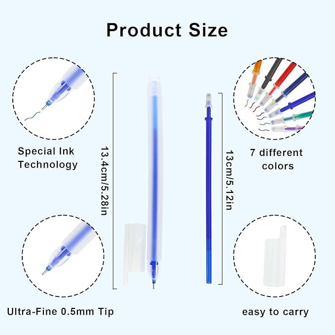 7-Color Heat Erasable Fabric Markers with 42 Refills, Extra-Fine 0.5mm Tip for Sewing, Quilting, Embroidery, Crafts & DIY Projects