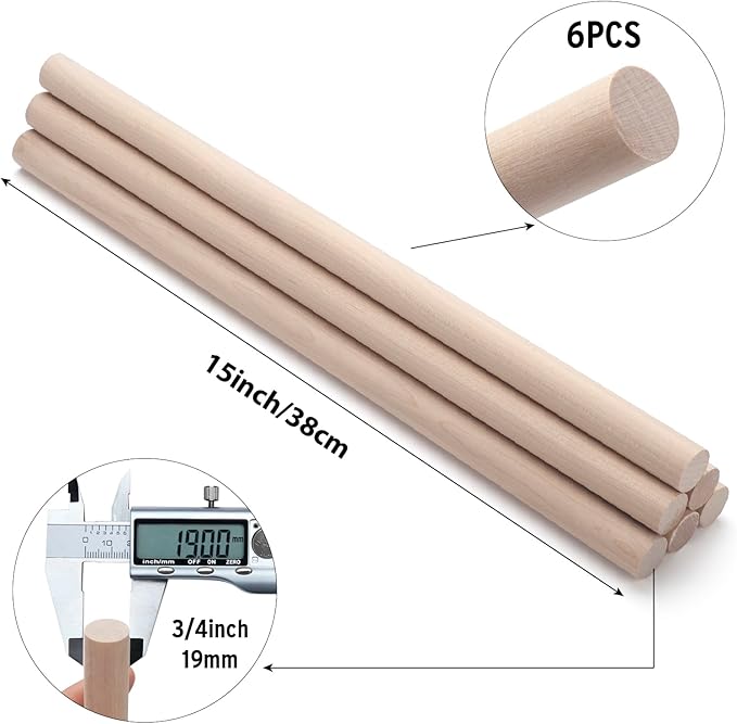 Wooden Dowel Rods Wood Dowels for Crafts, 6 PCS 3/4 x 15 Round Macrame Wooden Sticks for Crafting, Unfinished Hardwood Sticks for Arts and DIYers, Tiered Cake Support, Closets, Wedding Ribbon Wands