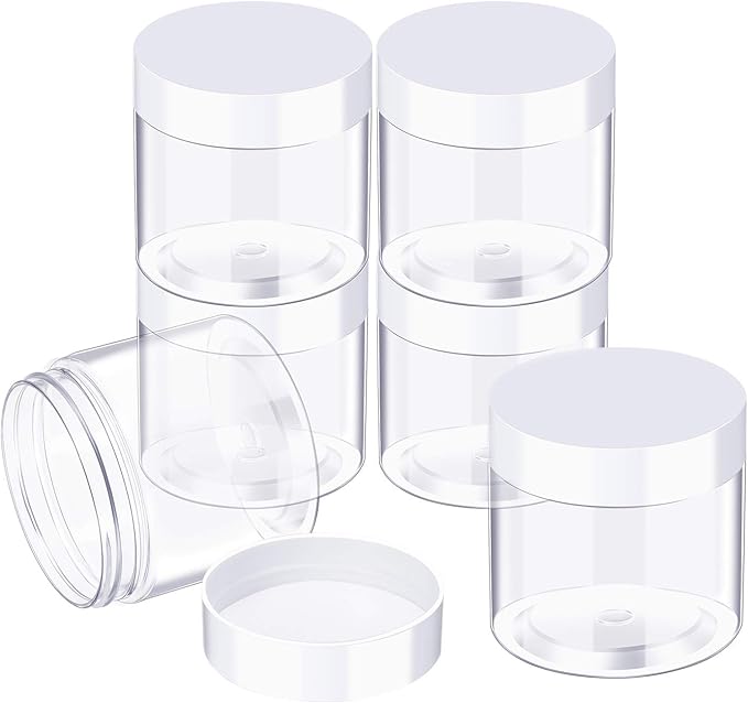 12 Pack 5 oz Plastic Container Jars with Lids Round Clear Travel Cosmetic Container Jars for Toiletries, Lotion, Cream, Ointments, Makeup, Rhinestone, Samples, Kitchen Storage (White)