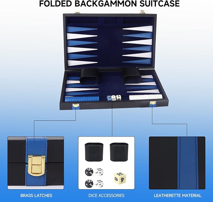 GSE Games & Sports Expert Premium Leather Backgammon Board Game Set, Classic Backgammon Game Set with Leather Case, Travel Folding Board Game (Black&Blue, Small)